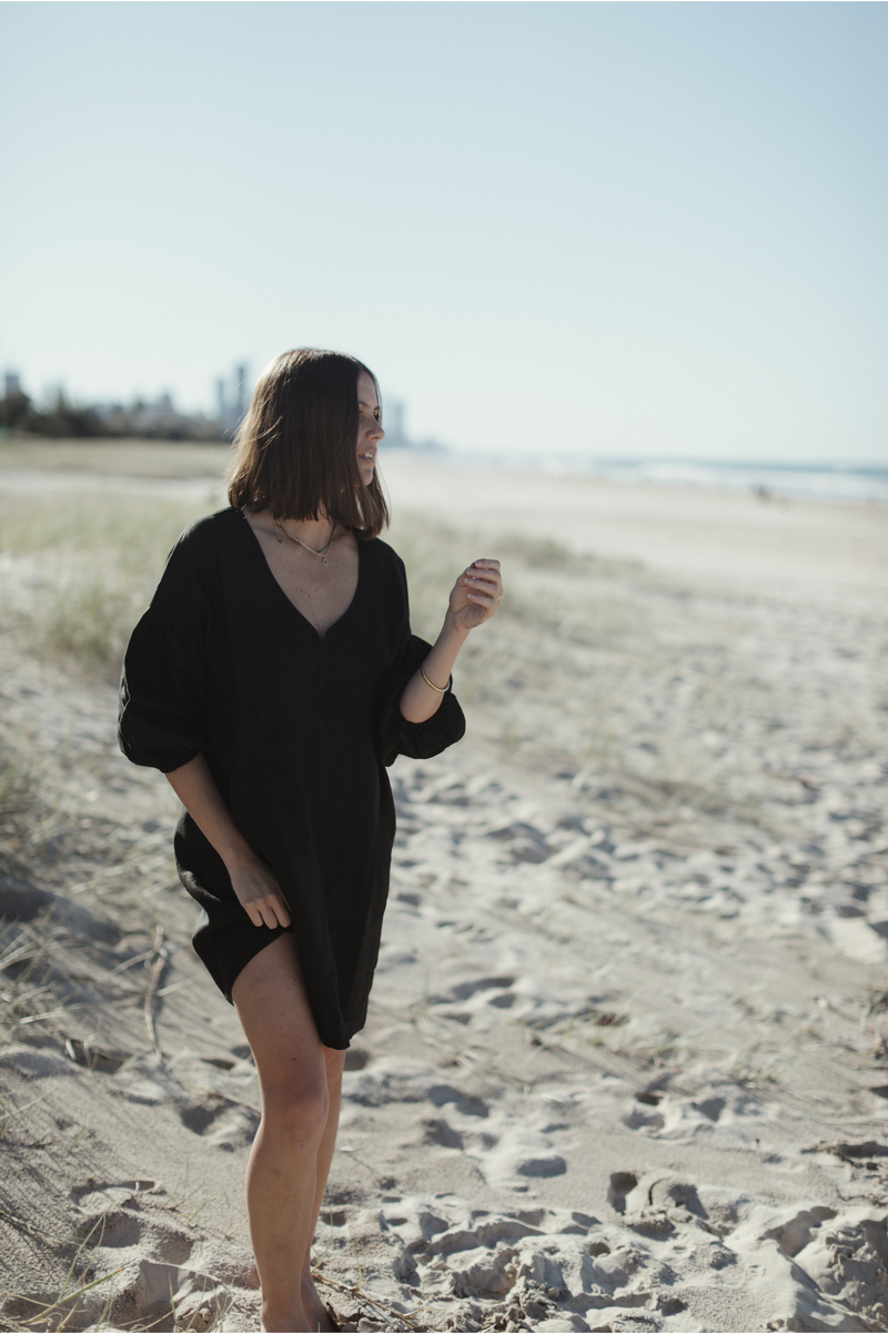 Nina Pleat Sleeve Dress - Black